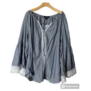 NWT Karen Kane Plus 1X Blue & White Stripe Lace Cuff Bell Sleeve Top